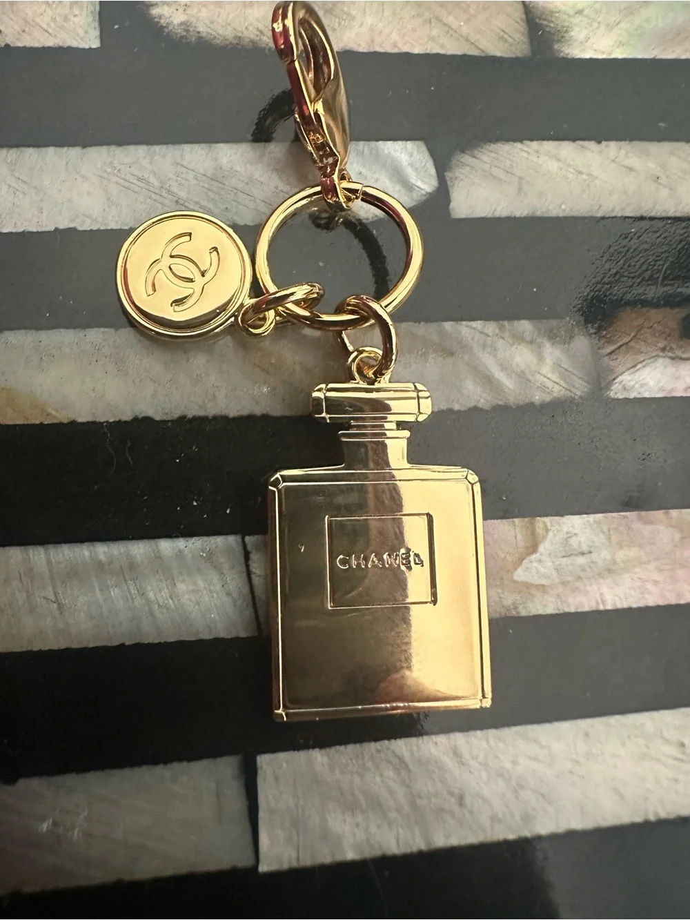 CHANEL Gold Perfume Bottle Keyring Charm